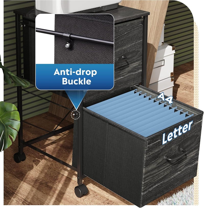 DEVAISE 2 Drawer Mobile File Cabinet, Rolling Printer Stand, Fabric Vertical Filing Cabinet fits A4 or Letter Size for Home Office, Charcoal Black Wood Grain Print - Image 4